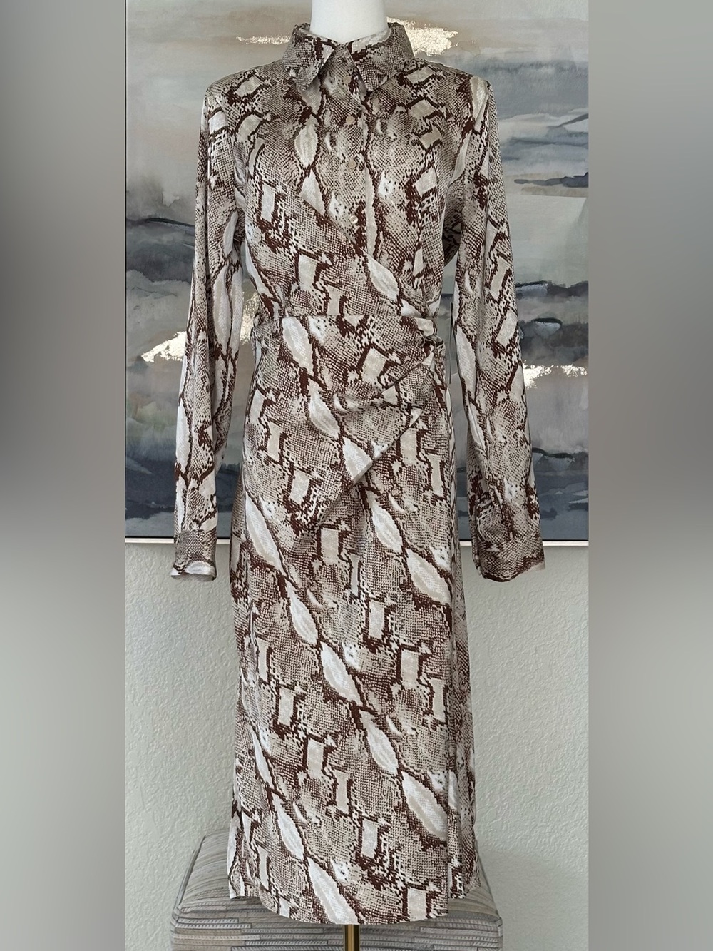 NWT Worthington Leona Satin Shirt Dress Snake Print Long Sleeve Faux-Wrap Midi